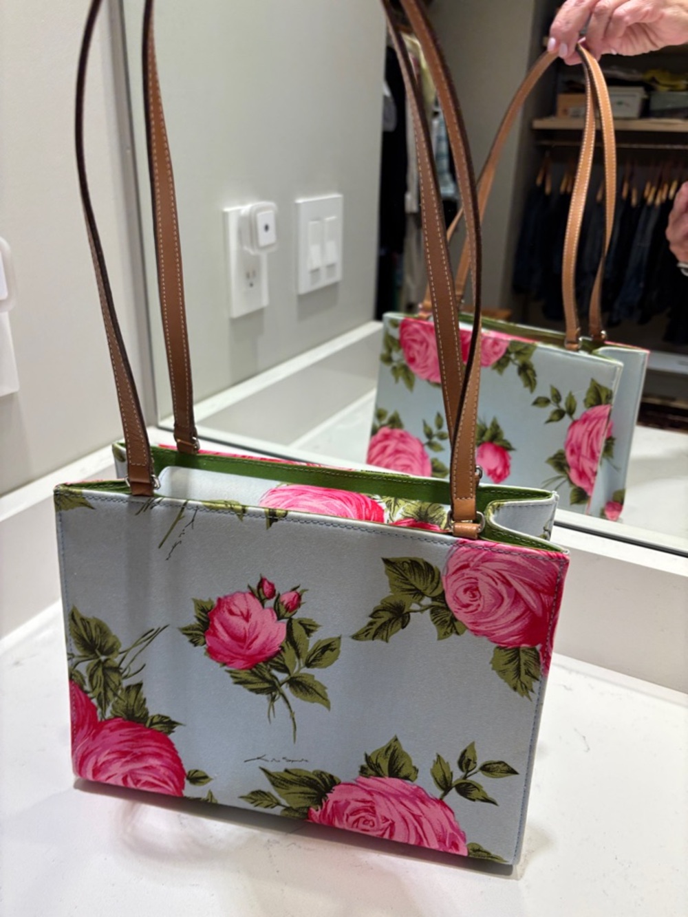 kate spade Pink Rose Print Tote with Tan Straps